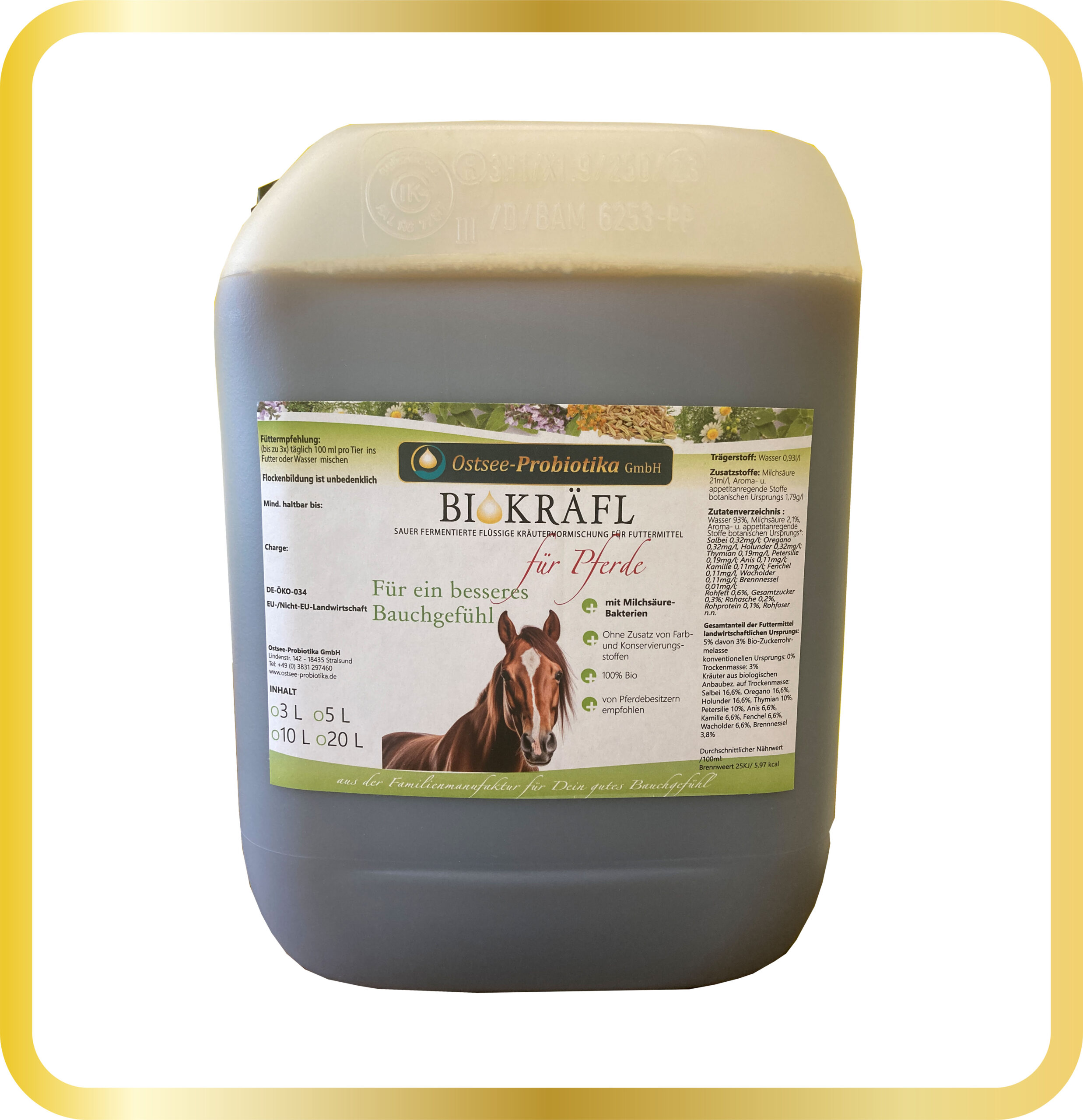 BIKRÄFL für Pferde - die flüssige, fermentierte Bio-Kräuter-Futtervormischung zur Unterstützung des guten Bauchgefühls deines Pferdes